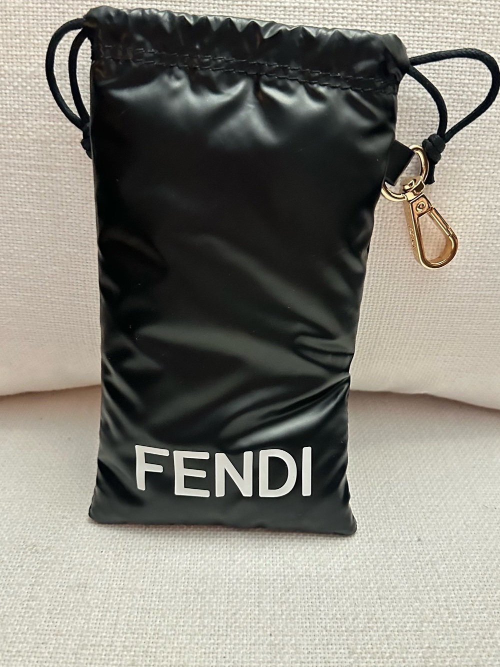 Fendi Black Nylon Drawstring Sunglass Pouch with Gold Clip